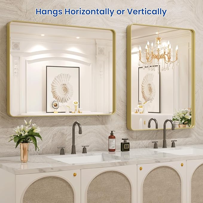 WEER Gold Bathroom Mirror, 24X36 Inch Brushed Gold Metal Frame Mirror, Rounded Rectangle Gold Bathroom Vanity Mirror for Wall, Tempered Glass, Anti-Rust, Hangs Horizontally or Vertically