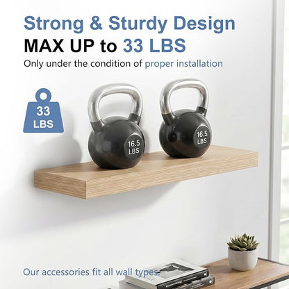 Oak Floating Shelves for Bathroom & Living Room Decor, 24 Inch Rustic Wood Wall Mounted Shelves for Plants, Books, Towels & Storage Display, Set of 2