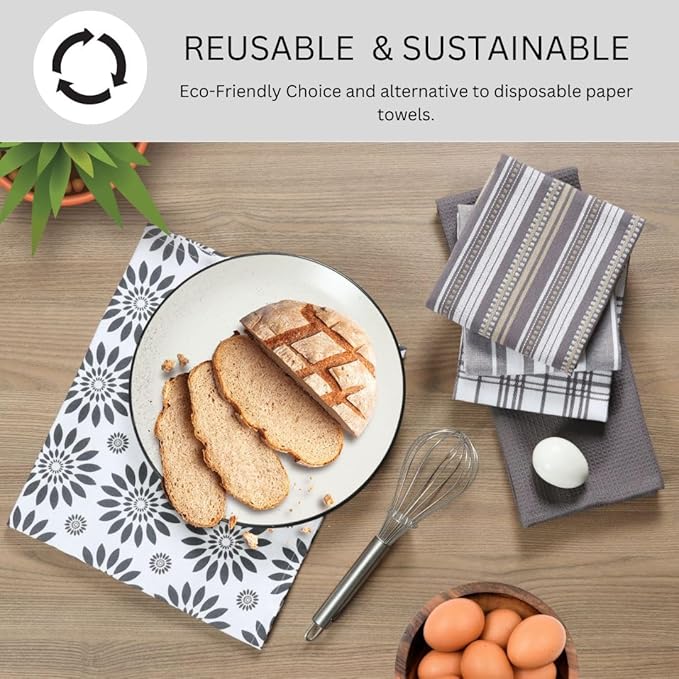 Assorted Kitchen Towels 100% Cotton Large 16x26 Inch Set of 5 - Soft Highly Absorbent Durable Reusable - Perfect for Drying Cleaning Everyday Kitchen Use - Quick Drying Dish Towels Grey