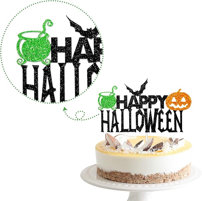 Happy Halloween Cake Topper, Halloween Party Decorations for Bat Pumpkin Medicine Jar Theme Birthday Party Supplies, Black Sparkle Happy Halloween Cake Decor