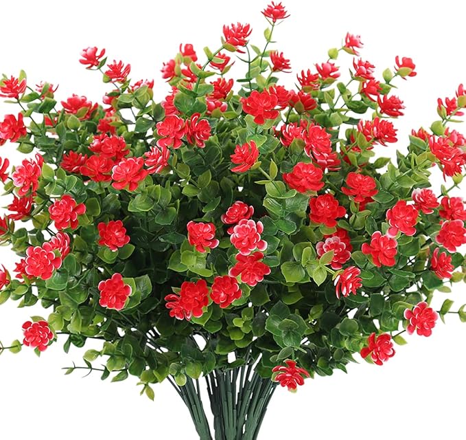 Outdoor Artificial Plant UV Resistant Fake Stems Plants, Faux Plastic Greenery for Indoor Outside Hanging Plants Garden Porch Window Box Home Wedding Farmhouse Outdoor Decorations for Patio (Red)