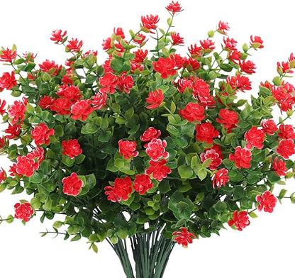 Outdoor Artificial Plant UV Resistant Fake Stems Plants, Faux Plastic Greenery for Indoor Outside Hanging Plants Garden Porch Window Box Home Wedding Farmhouse Outdoor Decorations for Patio (Red)