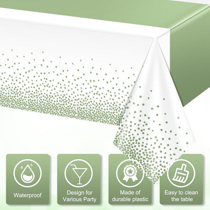 6Pcs White and Sage Green Tablecloth Decorations,Plastic White Table Cloth Printed Green Table Runner Disposable Rectangle Table Cover for Birthday Wedding Anniversary Graduation Party,54 x108 Inch