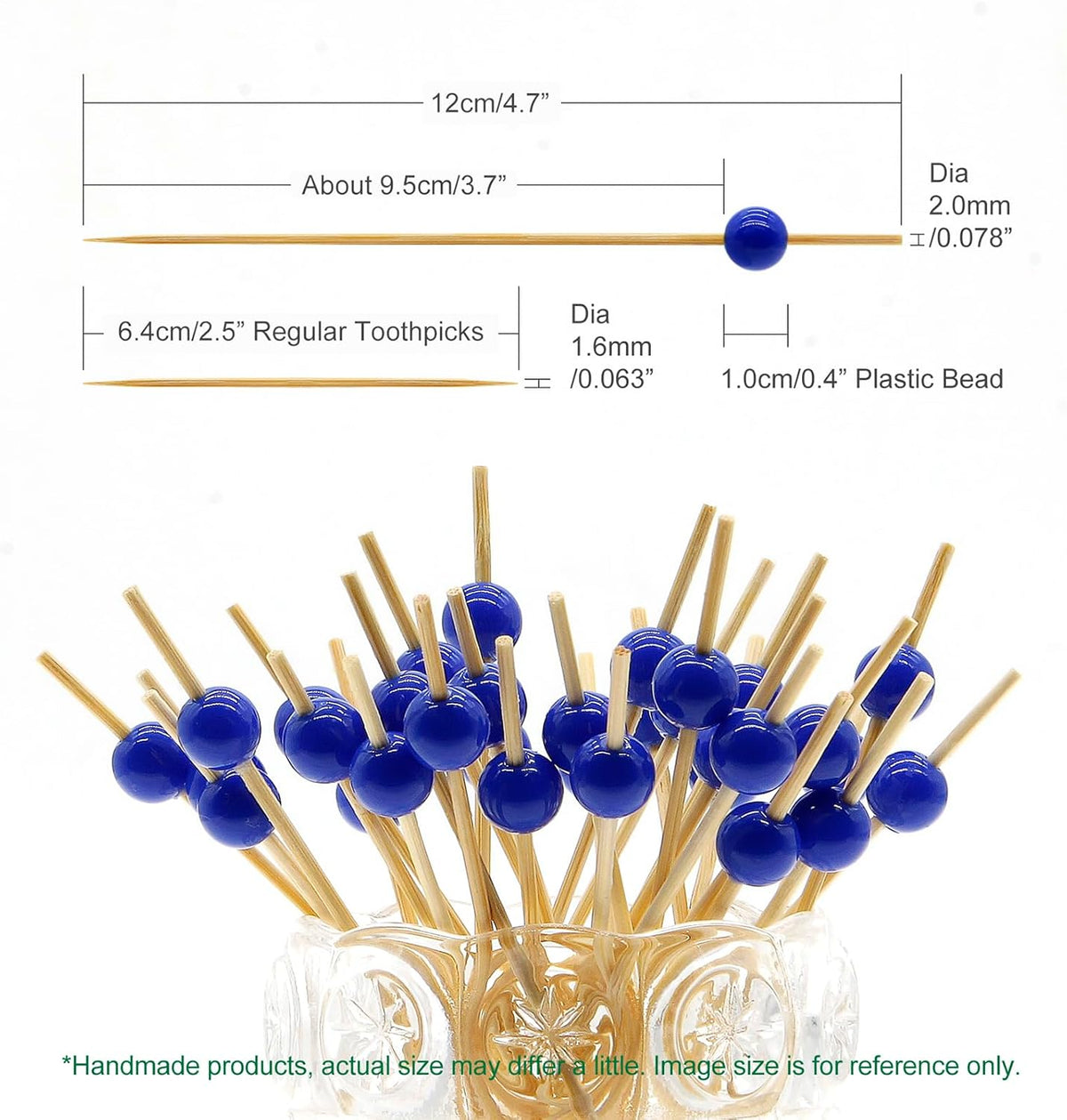 Minisland Navy Blue Pearl Cocktail Picks, 4.7 Inch Long Bamboo Fancy Toothpicks for Appetizers, Decorative Independence Day Party Food Drink Garnish Fruit Kabob Skewer Sticks 100 Counts - MSL450