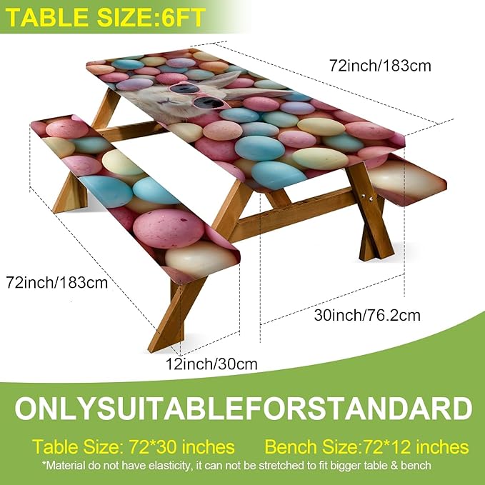 ANNA QUEEN 6FT Cute Easter Bunny Outdoor Picnic Table Cover with Bench Covers Picnic Table Cover Set 3PCS 72"x30", Cute Easter Bunny Outdoor Bench and Tablecloth Furniture Protection
