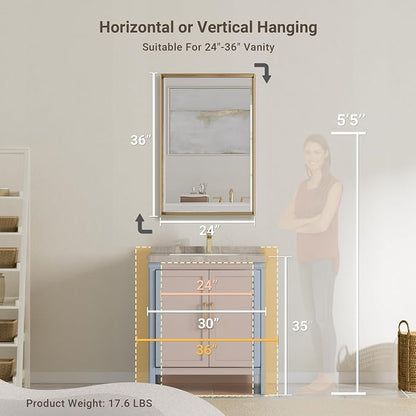 Gold Bathroom Mirror, 24x36 Brushed Gold Bathroom Mirror Beveled Edge, Gold Framed Rectangle Bathroom Vanity Mirror, Anti-Rust Brushed Brass Metal Frame Wall Mirror Vertical/Horizontal