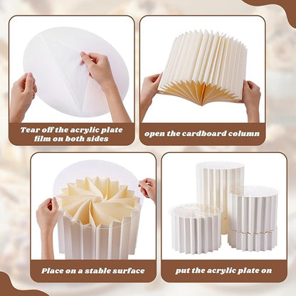 Capoda 5 Pieces Buffet Risers - 12" Cylinder Party Stands with Acrylic Plates Foldable Food Display Risers for Dessert Jewelry Cupcake Catering Supplies Wedding Birthday Party Table Decoration(White)