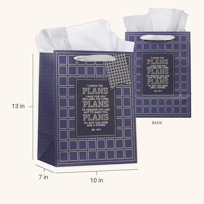 Christian Art Gifts Large Portrait Inspirational Scripture Gift Bag, Tag & Wrapping Tissue Paper Set for Grads: I Know the Plans Bible Verse, Sturdy Satin Ribbon Handles, Checkered Dark Blue & Gold