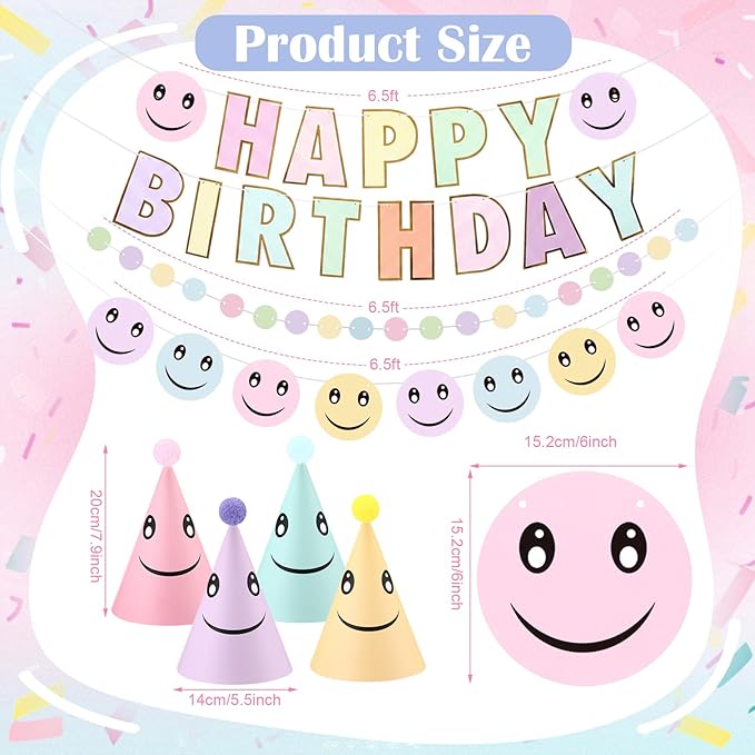 AmazingSpark 25 Pcs Smile Face Birthday Party Set Includes 24 Retro Smile Face Pattern Cone Hats with Pompoms and 1 Happy Birthday Banner for Parties Baby Shower Photo Props Decorations