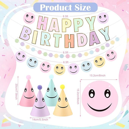 AmazingSpark 25 Pcs Smile Face Birthday Party Set Includes 24 Retro Smile Face Pattern Cone Hats with Pompoms and 1 Happy Birthday Banner for Parties Baby Shower Photo Props Decorations