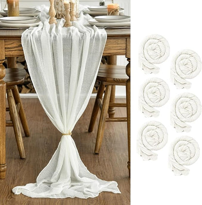 Artoid Mode Boho Milk White Gauze 6 Pieces Wedding Table Runner, 120 Inch Birthday Fabric Kitchen Dining Holiday Table Decor for Home Party Indoor