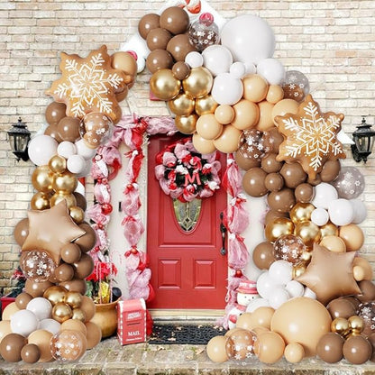 135PCS Christmas Gingerbread Snowflake Balloon Arch Garland Kit, Brown White Christmas Balloon Garland with 24inch Gingerbread Snowflake Foil Balloons for Xmas Gingerbread House Winter Decorations