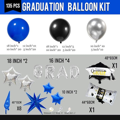 Black royal blue and Silver Balloon Garland Arch Kit 130+ Pieces with royal blue and Silver Stars, Graduation Certificate Graduation Cap GRAD Letters Mylar Balloons for 2025 Graduation Prom Decoration