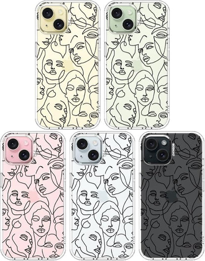 MOSNOVO Case for iPhone 15, [Buffertech 6.6ft Military-Grade Drop Protection] [Anti Peel Off Tech] Clear TPU Bumper Phone Case Cover Design - Abstract Face Line Art