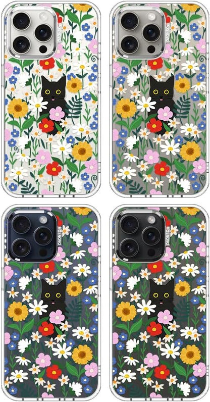 MOSNOVO Case for iPhone 15 Pro Max, [Buffertech 6.6ft Military-Grade Drop Protection] [Anti Peel Off Tech] Clear TPU Bumper Phone Case Cover Design - Black Cat in Garden