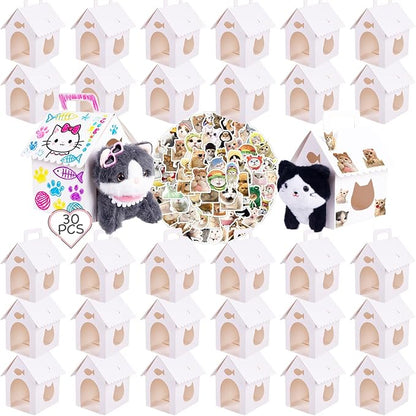 ARELUX 30 Pcs Cat House Shaped Party Favor Boxes, Foldable Pet Adoption Treat Gift Boxes with DIY Stickers - White Blank Goodie Bags for Kitten Birthday, Baby Shower & Cat Themed Events