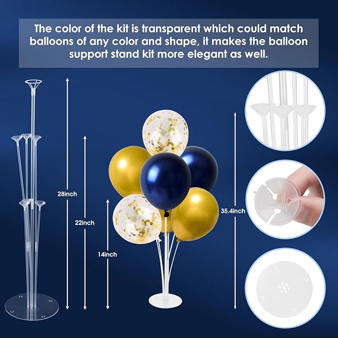 Voircoloria 6 Sets Balloon Stand Kits, Balloon Sticks with Base for Table Centerpieces Graduation Birthday Baby Shower Gender Reveal Party Decorations(Navy&Gold)