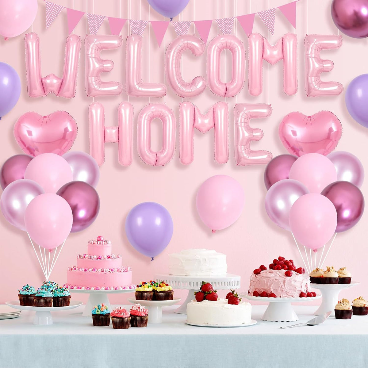 Welcome Home Decorations Pink,Welcome Home Foil Balloon Banner with Pink Heart Balloons Pennant Flag Bunting for Housewarming Baby Shower Welcome Home Baby Girl Party Supplies