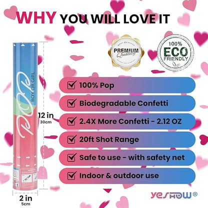 Gender Reveal Poppers Pink, Baby Girl Confetti Cannons 2 Pack with Heart Shaped Confetti for Baby Shower, Birthday, Gender Reveal Party Supplies - 12 inch