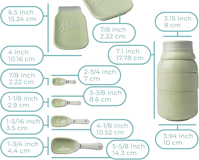 Comfify Mason Jar Kitchenware - Green Ceramic Decor with 4 Measuring Cups, 4 Measuring Spoons and Spoon Rest - Vintage Style