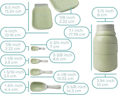 Comfify Mason Jar Kitchenware - Green Ceramic Decor with 4 Measuring Cups, 4 Measuring Spoons and Spoon Rest - Vintage Style
