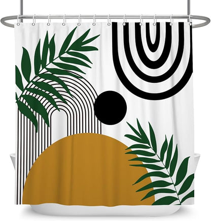 Boho Mid Century Shower Curtain Bohemian Abstract Modern Sun Bathroom Curtain Geometric Arch Curve Leaves Polyester Shower Curtain Sets for Bathroom Extra Long 72x72 in with 12 Hooks