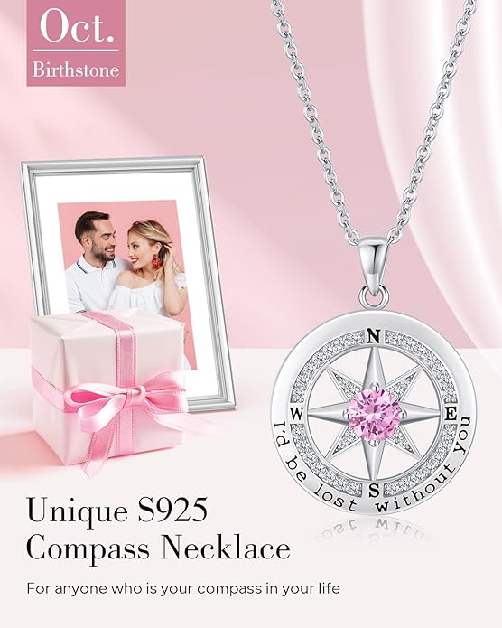 S925 Necklace Gift for Wife |Compass Jewelry |Women Anniversary |Sterling Silver |Girlfriend Birthday Gifts for Her Valentines |I'd be Lost without You |Jewel 18K Gold