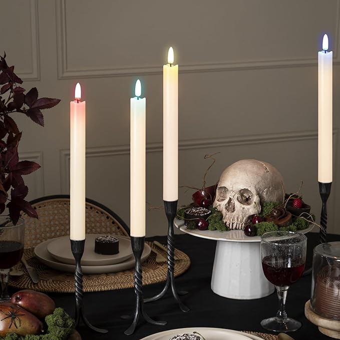 GenSwin Flameless Taper Candles with Remote, Real Wax and Color Changing Wick LED Taper Candles Battery Operated, 6 Pcs Flameless Candlesticks for Halloween Christmas Decor(Ivory, 0.78”x9.6”)