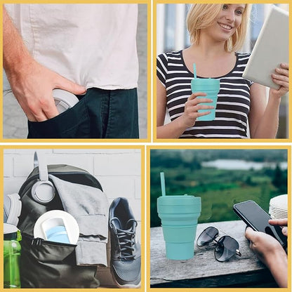 12 oz Collapsible Travel Cup with Lid, Silicone Foldable Drinking Cup for Camping Hiking,Portable Silicone Water Bottle for Hot and Cold Beverages with Straw- Green