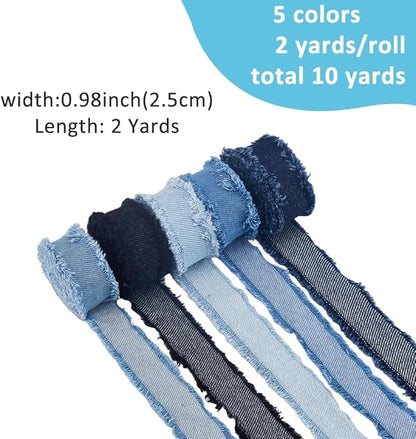SUPERFINDINGS 5 Rolls Total 10 Yards Fringes Fabric Ribbon 0.98" Width Denim Ribbon Wrapping Frayed Cotton Jean Fabric Ribbon for Gifts Wrapping Hair Sewing Accessories Weddding Decor