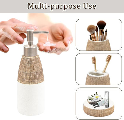 CERBIOR Bathroom Accessories Set,4 Pcs Ceramic Bathroom Decor Accessory,Includes Toothbrush Holder, Toothbrush Cup, Soap Dish for Decorative Countertop and Housewarming Gift, (Brown White)
