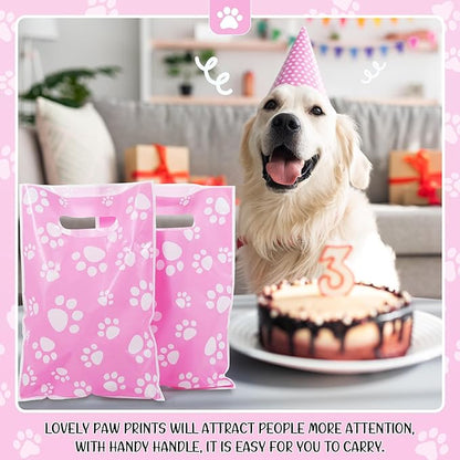 Pasimy 100 Pcs Dog Paw Gift Bags Bulk Pet Paw Puppy Plastic Treat Favor Candy Goodie Bags with Handle for Dog Birthday Party Decoration Supplies(Pink,White)