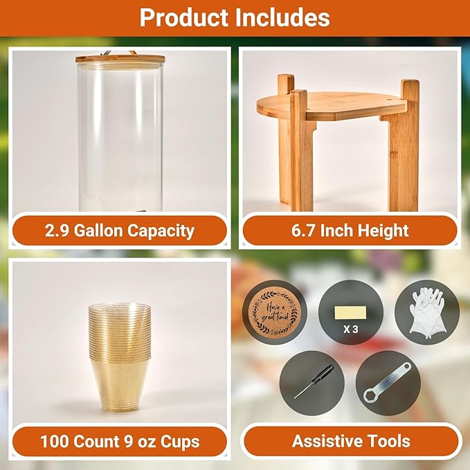 Glass Beverage Dispenser with Bamboo Stand and Lid, Iced 2.9 Gallon Drink Server with 304 Spigot,Large Thick Glass Drink Dispenser for Parties,Hotels,Restaurants, with 9 oz 100 clear Gold Plastic Cups