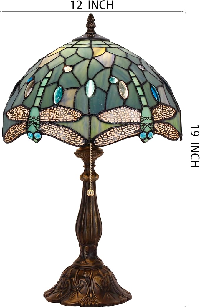 Tiffany Table Lamp Stained Glass Lamp 12X12X19 Inch Antique Reading Light (Sea Blue Dragonfly Style)
