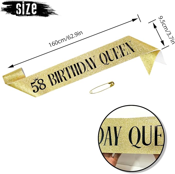 58 Birthday Queen 58th Birthday Sash for Women, Gold Glitter Sash with Black Foil