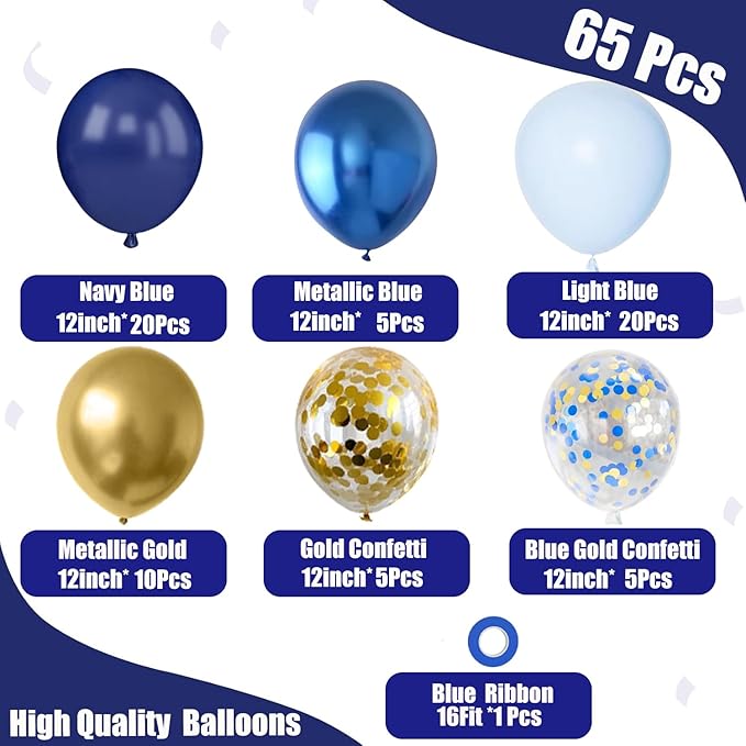 Navy Blue and Metallic Gold Balloons,65pcs 12 inch Metallic Blue Light Blue Balloon and Blue Gold Confetti Balloons for Birthday Graduation Wedding Bridal Shower Baby Shower New Year Party Decoration