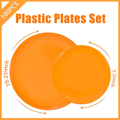 PULOTE 100PCS Orange Plastic Plates - Premium Hard Orange Disposable Include 50 Each(10.25 Inch Dinner & 7.5 Inch Dessert) Plates, Ideal for Thanksgiving Party