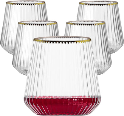 40 Pack Plastic Ribbed Wine Glasses, 14Oz Origami Disposable Wine Glasses Unbreakable Clear Plastic Cocktail Glasses Recyclable Shatterproof Reusable Wine Cups (14oz-Gold Rim 40pack)
