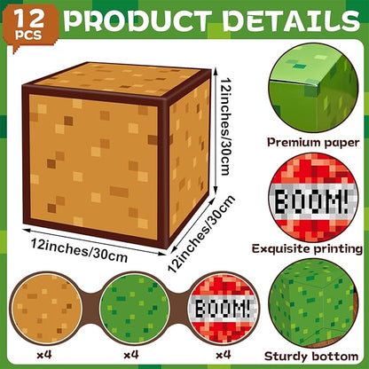 12Pieces Large Pixel Mining Party Boxes Video Game Party Decorations Pixel Mining Theme Birthday Parties Supplies Pixelated Video Gaming Centerpieces Boxes for Kid Teen Gift Birthday Parties Favor