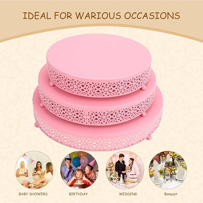 Pyrrhiax 3 Piece pink cake stand Set 16'' 14'' 12'' Round Metal Cake Stands Cupcake Stand Riser Pastry Candy Display Plate for Dessert Table Wedding Event Birthday Anniversary Party (Pink)