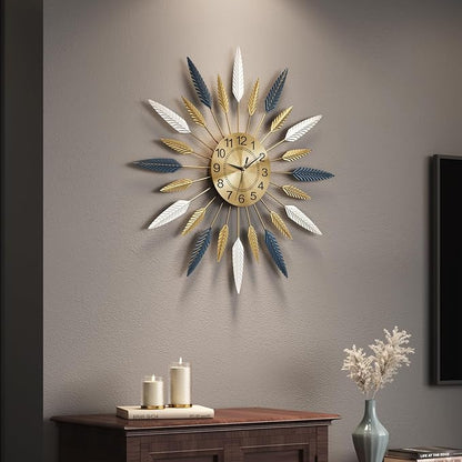 Cuspin Large Wall Clock, 24 Inch Mid Century Modern Clock Decorative Golden Feather Sunburst Wall Clock, Silent Non Ticking Battery Operated Wall Clocks for Living Room Decor