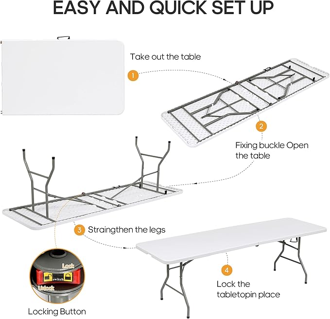 8Ft Foldable Table Portable Plastic Folding Table with Safety Locks, Lightweight & Durable for Parties, Dining, Weddings, Events, Picnics,Indoor & Outdoor Use (White, 8FT)