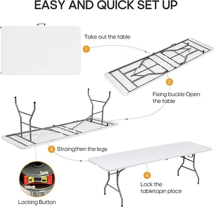 8Ft Foldable Table Portable Plastic Folding Table with Safety Locks, Lightweight & Durable for Parties, Dining, Weddings, Events, Picnics,Indoor & Outdoor Use (White, 8FT)
