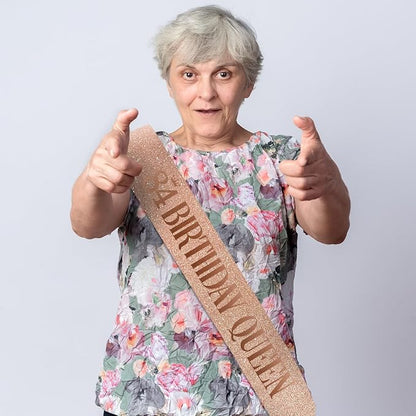 84 Birthday Queen 84th Birthday Sash for Women, Rose Gold Glitter Sash with Foil