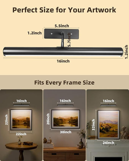 EZVALO 16in Picture Lights for Wall, Rechargeable 6000mAh Cordless Art Lights with Remote, 3 Color Temperatures LED Painting Lights for Artwork, Frames, Gallery (Black, 2Pack)