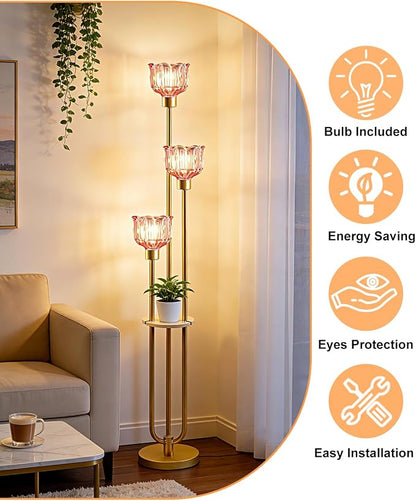 Lightdot Glass Floor Lamp for Living Room 3-Lights Modern Gold Floor Lamp with Rose Red Glass Shade 3000K Bulbs Included Unique Standing Lamp with 5Lbs Heavy Base for Bedroom/Sofa Beside/Corner Decor