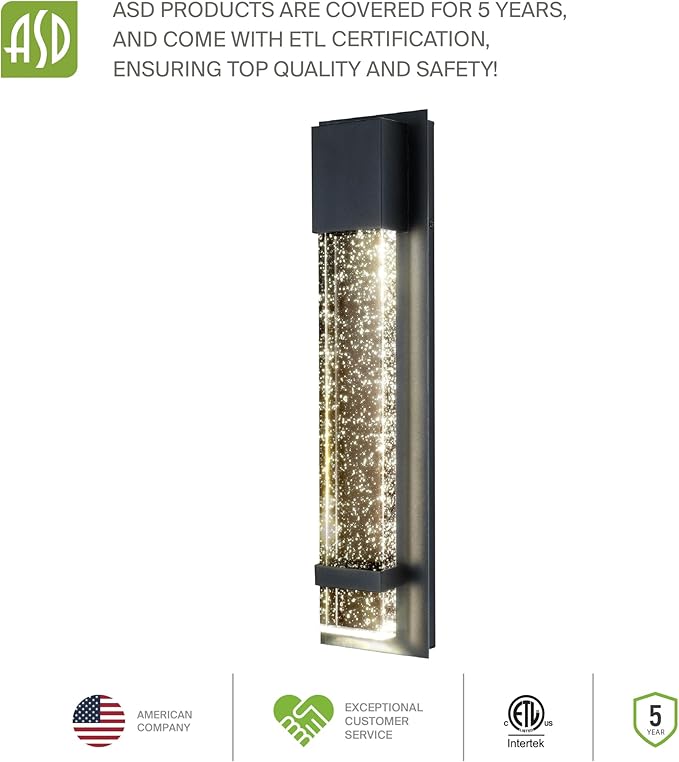 ASD LED 13" Bubble Glass Wall Light Fixture, Outdoor & Indoor Seeded Sconce | 3CCT, Waterproof, Dimmable, ETL Listed | 12W 500LM 3000-5000K 120V | Exterior Lantern, Porch Lighting | Black