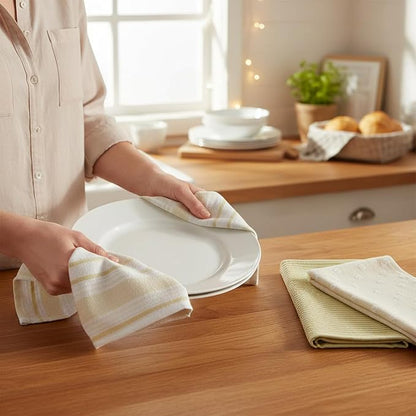 Yellow White Kitchen Hand Dish Towels: Oversized 28" x 16",100% Cotton Cloth Soft Cleaning Drying Absorbent Striped Solid Polka Dot Design, Set of 3 Multipurpose for Everyday Use (Yellow Austin)