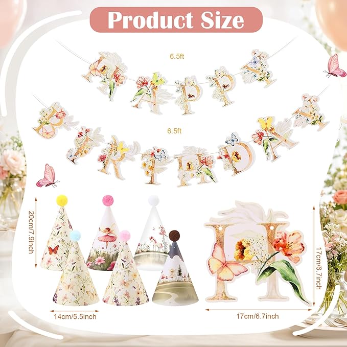AmazingSpark 25 Pcs Fairy Garden Birthday Party Set Includes 24 Butterfly Cone Hats with Pompoms and 1 Happy Birthday Banner for Butterfly Parties Photo Props Garden Decorations