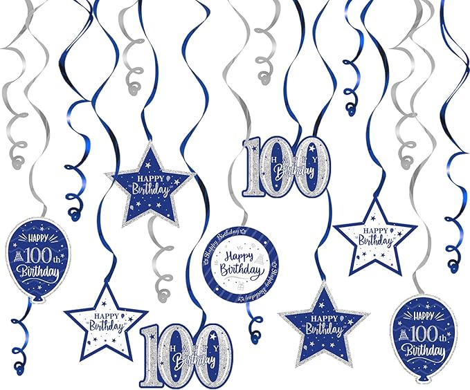 Happy 100th Birthday Blue & Silver Glitter Swirls Streamers Party Decorations - 15 Pcs 100th Birthday Hanging Swirls Streamers Kit,Cheers to 100 Years Old Bday Party Sign.
